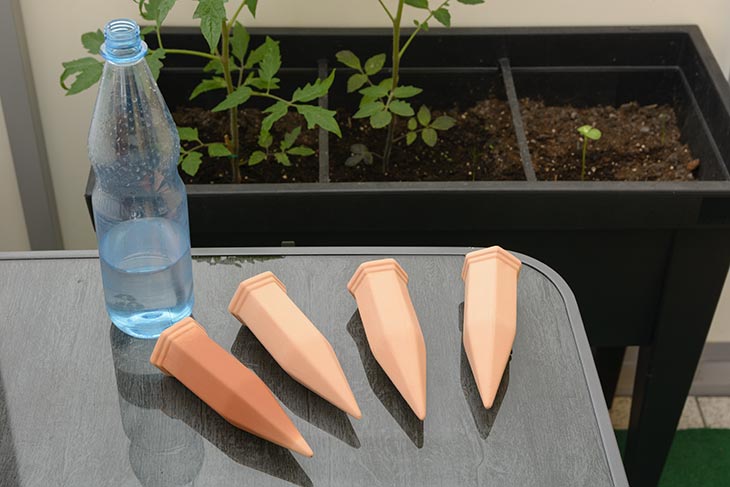 mehrere Tonkegel zur Bewässerung liegen auf einem Tisch neben einer Wasserflasche